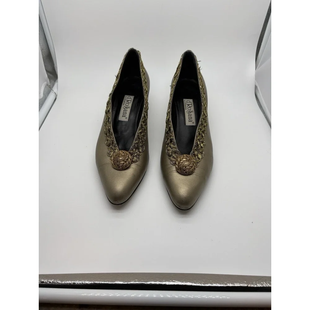 d'Rossana By Charna Gold Leather Embellished Heels, Size 8